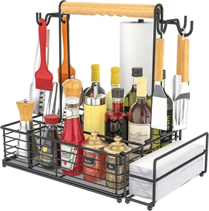 Large Grill Caddy with Paper Towel Holder, Side Hooks, Utensil Holder, Wooden Ha - Picture 1 of 8