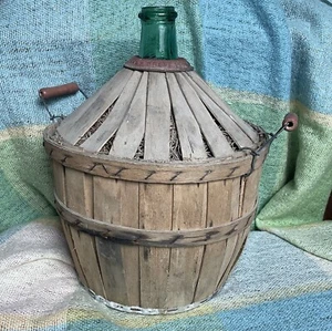 Antique dame-jeanne French Demijohn Green Glass Bottle Basket 10L Wine Bonbonne - Picture 1 of 24
