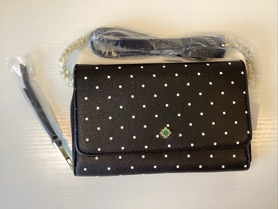 Crown And Ivy Black White Dot Crossbody Purse Clutch Gold Accents