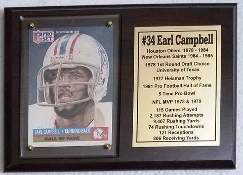 Houston Oilers Earl Campbell Football Card Plaque Cover