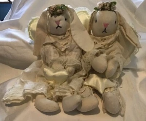 Cute Vintage Looking Muslin Bunny Rabbit Angels 17" Set Of 2 Rag Doll Type - Picture 1 of 21