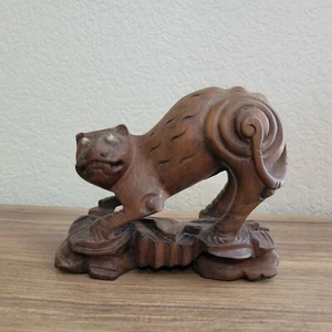 Anrique China Chinese Boxwood Wood Carving Folk Fengshui Animal Cat Figure - Picture 1 of 13