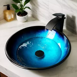 Countertop Bathroom Glass Vessel Sinks Combo Vintage Black Taps Round Basin Bowl - Picture 1 of 9