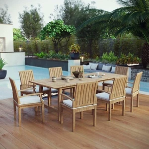 Marina9 Piece Outdoor Patio Teak Dining Set in Natural White - Picture 1 of 8