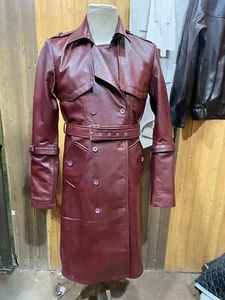 Women Genuine Leather Real Lambskin Long Overcoat Trench Coat Jacket Burgundy - Picture 1 of 9