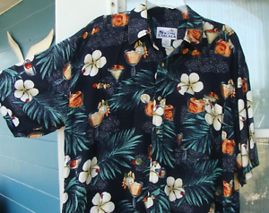 Sun Casuals L mens Hawaiian print margarita aloha button down black floral shirt