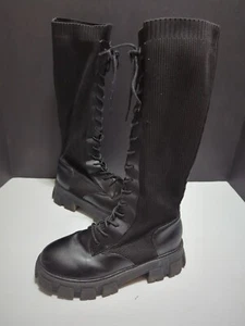 Call It Spring - Platform Knee High Boots - Black Womens Size 7 M Lace Up Fabric - Picture 1 of 11