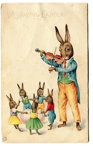 Vintage Easter Postcard RABBIT PLAYING VIOLIN LITTLE RABBITS DANCING - Picture 1 of 2