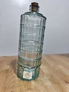 Vitrocolor Green Glass Pisa Tower Shape Bottle / Decanter 9.5” Tall Spain NEW