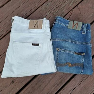 Pair of NUDIE Jeans Men Size 32x32 Blue Cream Off White - Picture 1 of 16