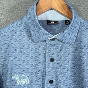 Footjoy Polo Men Small Blue Golf Course Doodle Pique Performance Shirt Bear Logo - Picture 1 of 13