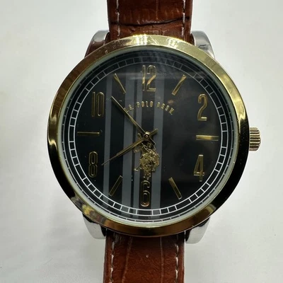US Polo Assn Watch Men Gold Tone Black Stripe Dial Slip Thru Band New Battery - Image 1 of 4