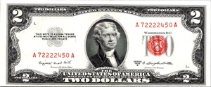 1953-B  $2 Red Seal (FANCY SERIAL # A72222450A Legal Tender AU-UNC-Fr. 1511 - Picture 1 of 3