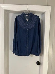 Bedford Fair NEU Damen Oberteil Bluse Blau Bestickt Langarm 100% Baumwolle 2X - Bild 1 von 5