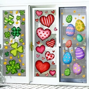 Valentines Day Decor Window Clings Set, 9 Sheets Large Red Pink Heart Shamroc... - Picture 1 of 9