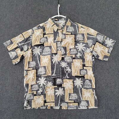 Hilo Hattie Shirt Mens Large Brown Black Button Down Geometric Pullover Hut Palm - Image 1 of 4