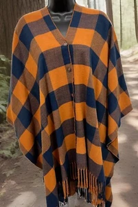 Matilda Jane poncho OS Buffalo plaid button up fringe Orange Black - Picture 1 of 4