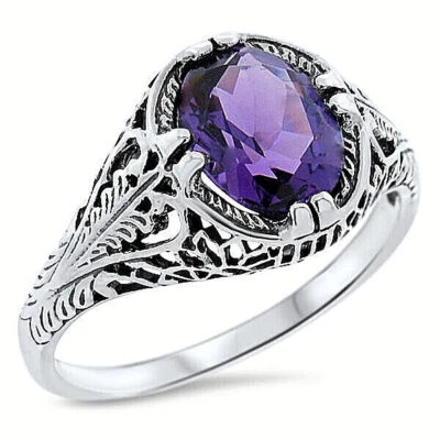 ANTIQUE STYLE 925 SOLID STERLING SILVER 1.5 CT LAB-CREATED AMETHYST RING    742Z - Image 1 of 4