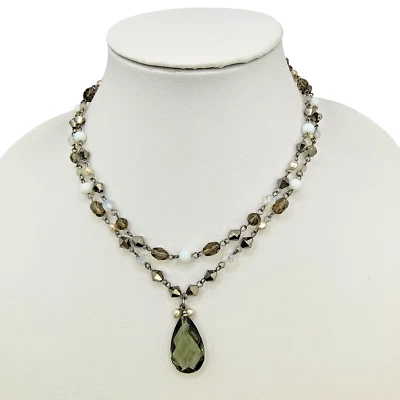 Smoky Green Faceted Teardrop Pendant Necklace Two Strand Silver Tone With Beads - Image 1 of 4