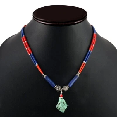 Turquoise, Lapis Gemstone Tibetan 925 Sterling Silver Necklace Jewelry 18 inch - Image 1 of 4