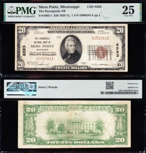 NICE *RARE* Bold & Crisp VF+ 1929 $20 MOSS POINT, MS National Note! PMG 25 00281 - Picture 1 of 3