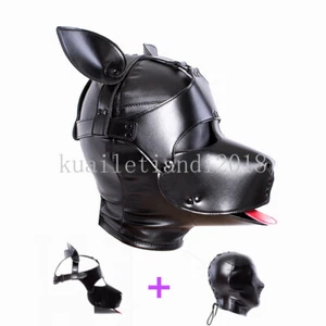 Black Adjustable PU Leather Dog Mask Bdsm Bondage Hood for Pup Cosplay Role Play - Picture 1 of 16