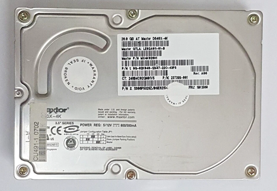 20 GB IDE Maxtor D540X-4K LE02A011 P/N MX4K020H1 REV. A00 P-ATA 5400RPM 2MB 3.5" - Image 1 of 1