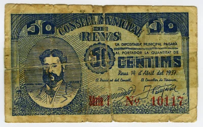 ☆ SPAIN CIVIL WAR 1937 • REUS 50 CENTS MUNICIPAL ☆ GUERRA CIVIL ESPAÑOLA  ☆D0676 - Image 1 of 2