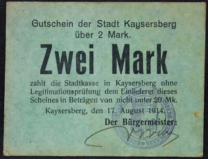 KAYSERSBERG 1914 2 Mark Early WWI German Notgeld France Upper Alsace - Picture 1 of 2