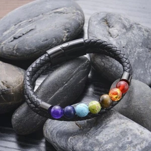 7 Chakra Stone Bead Bracelet Mens Leather Braided Bracelet Bangle Magnetic Clasp - Picture 1 of 4