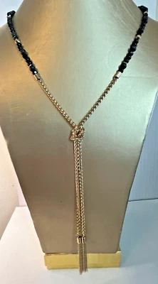 NWT Laundry By Shelli Segal Black Beads & Gold Tone Chain Lariat Tassel Necklace — 第 1/4 张图片
