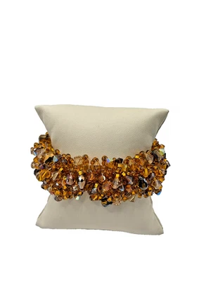Simulated Amber Crystal Beaded Stretch Bracelet Chunky Cluster Sparkle Jewelry - Image 1 of 4