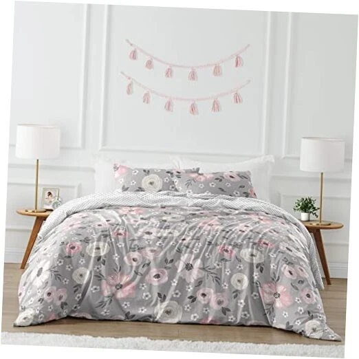  Juego de edredón de ropa de cama floral para niña tamaño completo/queen acuarela gris Foto 1 de 4