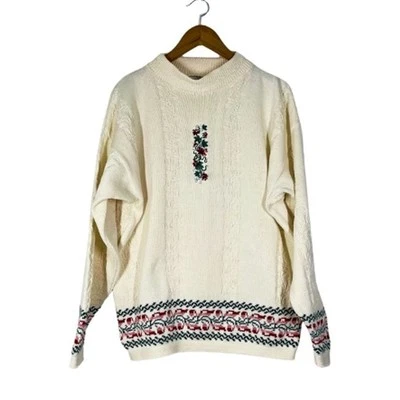 Vintage Chelsea Gardens Floral Embroidery Mock Neck Cotton Sweater Sz L Ivory - Image 1 of 4