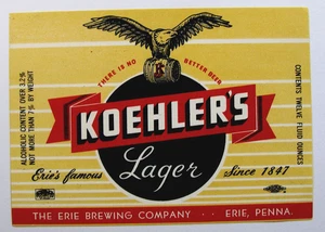 Erie Brewing  KOEHLER's LAGER beer label Erie  PA 12oz - Picture 1 of 1