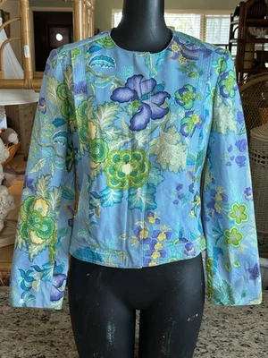 Vintage Carlisle Women’s Floral Corduroy Jacket 6 Fitted Blue Cotton Paisley 90s - Image 1 of 4
