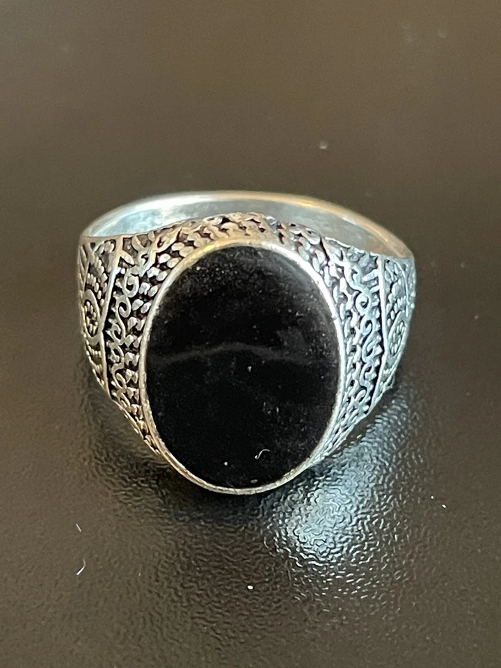Овальный черный обсидиан драгоценный камень S925 серебро покрытием мужчин женщин кольцо размер 8,5 - Изображение 1 из 4
