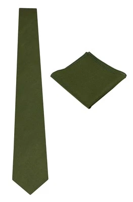 Olive Green Mens Slim Linen Necktie with Matching Pocket Square Formal Set - Image 1 of 4