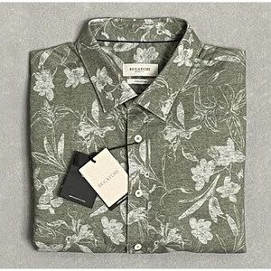 Bugatchi Men's XL Short Sleeve Shirt Shaped Fit Linen Cotton Green Floral NEW - Picture 1 of 13