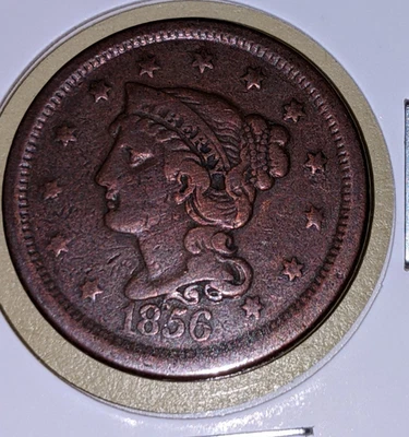 1856 Slant 5 Braided Hair Large Cent  XF+ Nice Original Light Bronze Choice M643 - Image 1 of 4