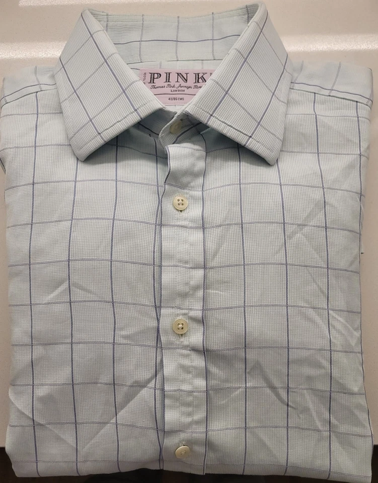 Camisa de vestir Thomas rosa para hombre verde a cuadros puño francés superfino talla 16 X 34  Foto 1 de 4