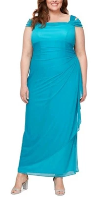 Alex Evenings Plus Size Draped Cold-Shoulder Evening Dress - Turquoise - 14W NWT - Image 1 of 4