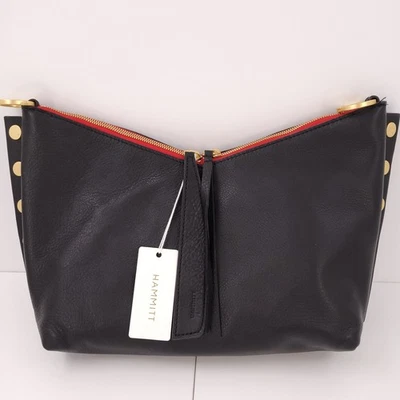 Hammitt Mr. G Pebbled Leather Black Crossbody Medium Handbag Gold Red Zip Purse - Image 1 of 4