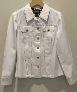 Berek Jean Jacket Womens Large White Denim Leopard Lining Embellished Cotton - Picture 1 of 7