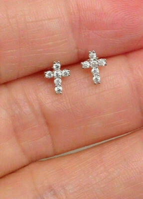 Rhodium Gold Plated Lab Created Diamond Cross Screwback Baby Girls - Image 1 of 4