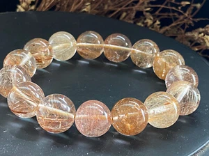 14mm Natural Rare yellow Rabbit hair Crystal Round Beads Bracelet AAA2496 - Picture 1 of 7