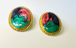 Vintage Damen-Ohrringe mehrfarbig Goldrand Wirbel Emaille psychedelisch - Bild 1 von 6