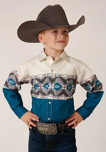 Roper Boys Sawtooth Border Blue 100% Cotton L/S Shirt - Picture 1 of 4