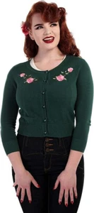Collectif Cardigan UK 12 M Jessie Briar Rose Women's Retro Embroidered Green - Picture 1 of 18