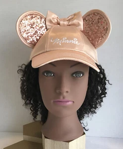 Disney Rose Gold Minnie Mouse Satin Cap Sequin Ears Bow Hat - Picture 1 of 9